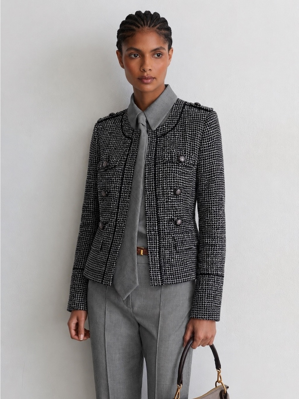 WHBM Black Tweed Boucle Military Blazer Size 6 Small Office Siren Elegant Formal